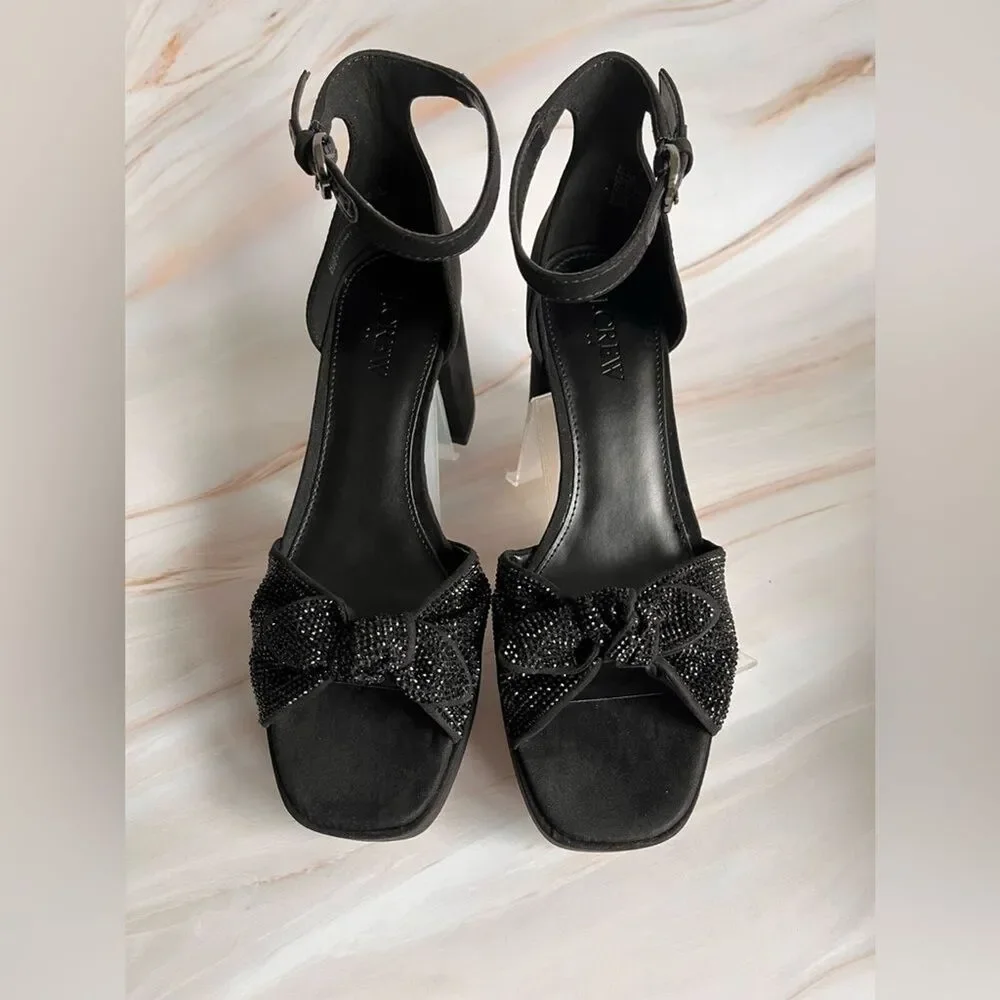 J Crew Women's Rhinestone Bow Sandals Platform Heels Cocktail Evening Black